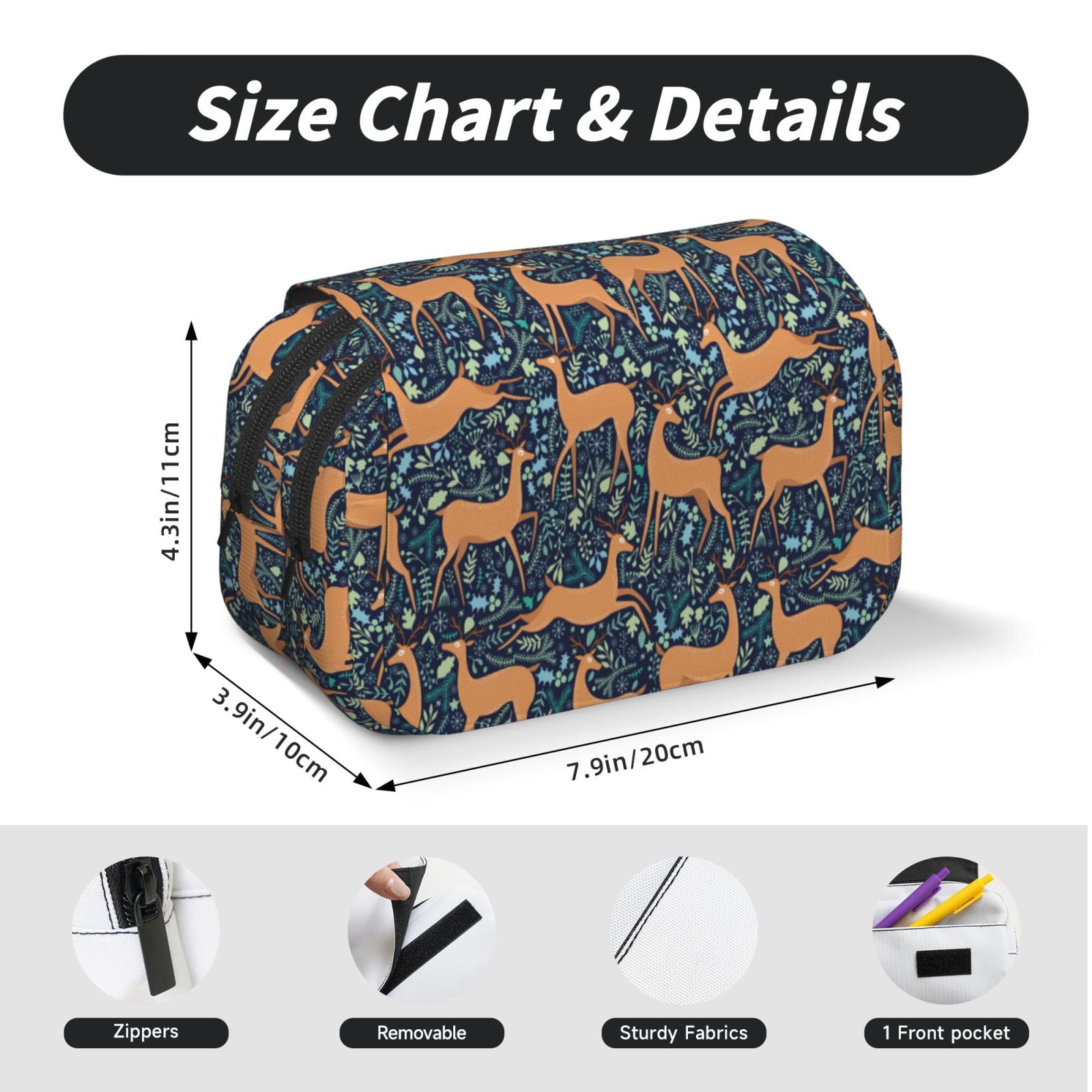 Rateoe Reindeer Pattern Double Clamshell Pen Case, Storage Organizer with Two Zipper Compartments– Holds Up to 50 Pencils & Pens