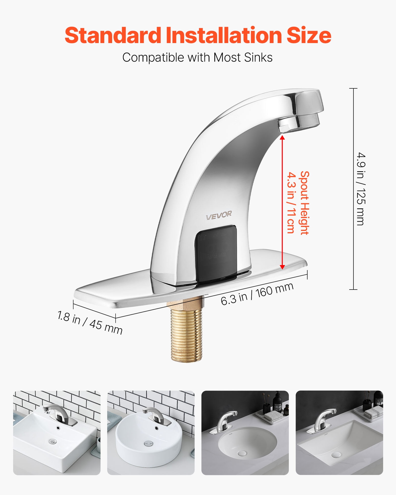 VEVOR Touchless Bathroom Sink Faucet, Automatic Motion Sensor Restroom Toilet Faucet with Hole Cover Plate, Battery Operated,Hot/Cold Water for 9/16 in Pipe Commercial Lavatory,Chrome Plated Silver
