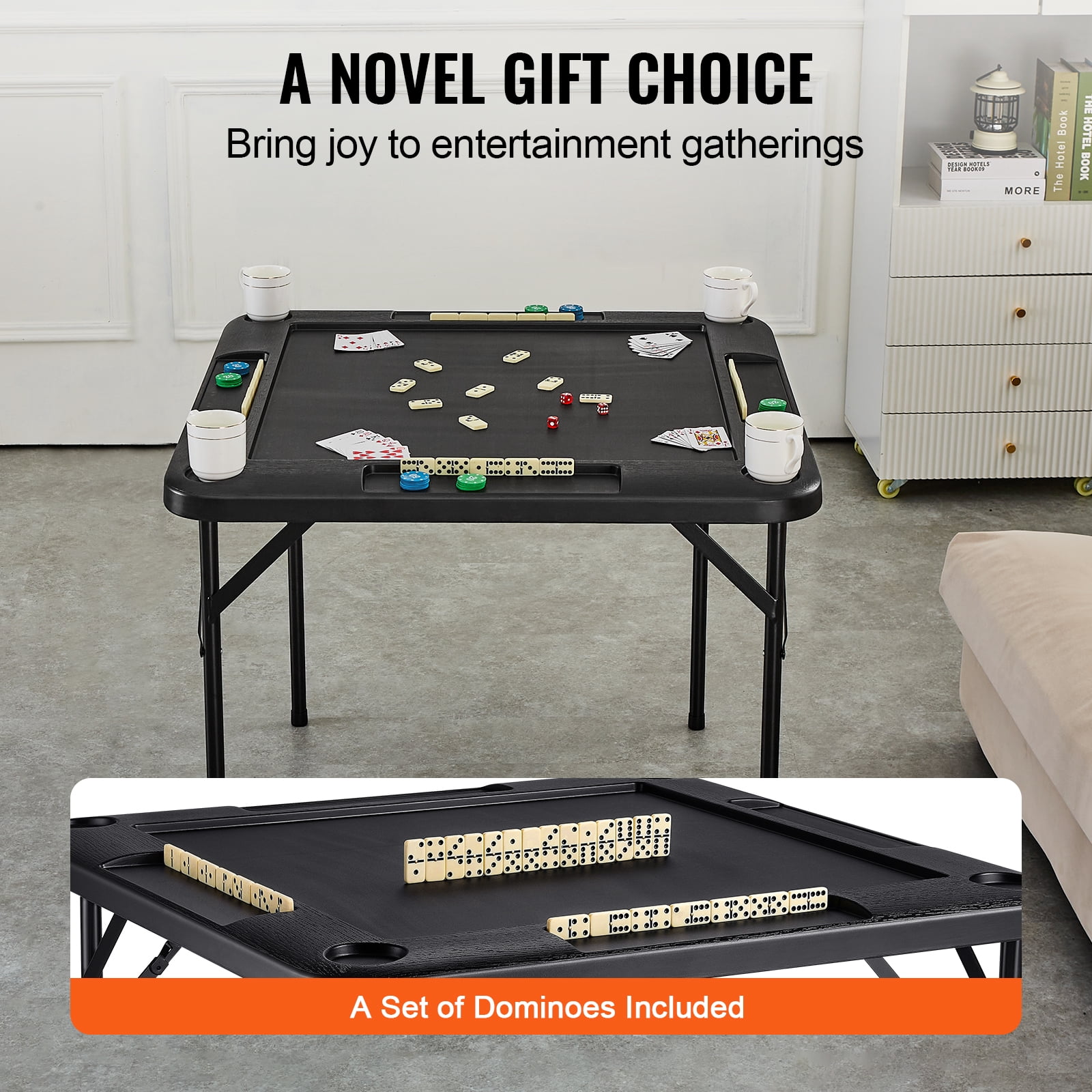 VEVOR Mahjong Table, Square 4 Player Folding Card Table with 4 Cup Holders & 4 Chip Trays, Portable Domino Game Table with 1 Set of Dominoes for Mahjong Poke Puzzles, 35.4 x 35.4-inch, Black