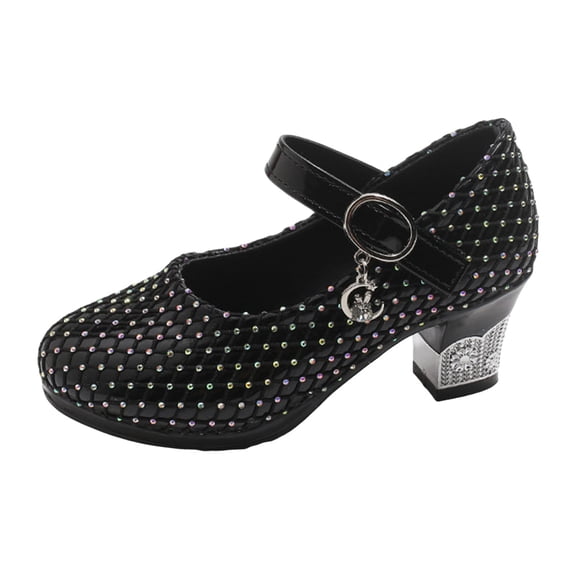 Staki Pearl Shoes Girls Dress Shoes Mary Jane Wedding Party Heel Glitter Bow Princess Flower Shoes for Kid Toddler Black,1.5 Big Kid