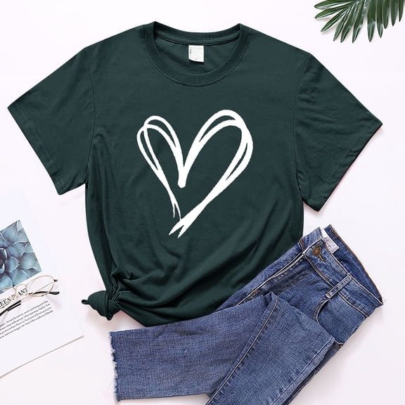 Idoravan Valentines Day Shirts for Women Love Heart Women Pullover Color Printing Short Sleeves T-shirt Tops Green S