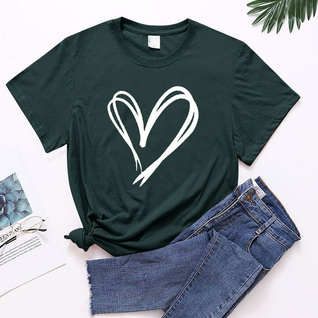 Meichang T-Shirts Joyeuse Saint-Valentin Femmes Mignon Imprimé Cœur T-Shirts Manches Courtes Col Rond Décontracté T-Shirts Joyeuse Saint-Valentin