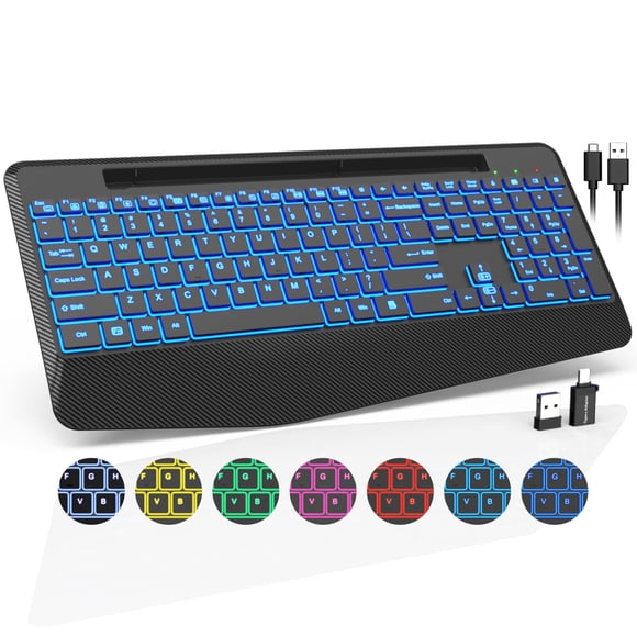 Wireless Keyboard with 7 Colored Backlits, Wrist Rest, Phone Holder, Rechargeable Ergonomic Computer Keyboard with Silent Keys, Full Size Lighted Keyboard