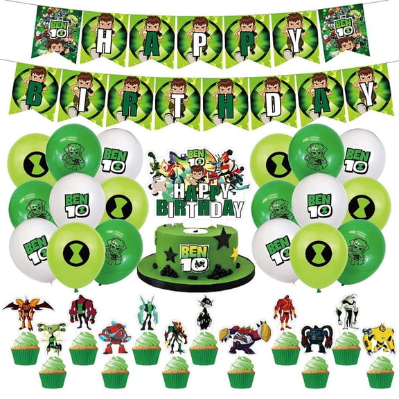 Kids Boy Birthday Party Cartoon Ben 10 Theme Four Arms Stinkfly Cake Cards Omnitrix Watch Balloons Happy Birthday Banner Decoration Supplies Set