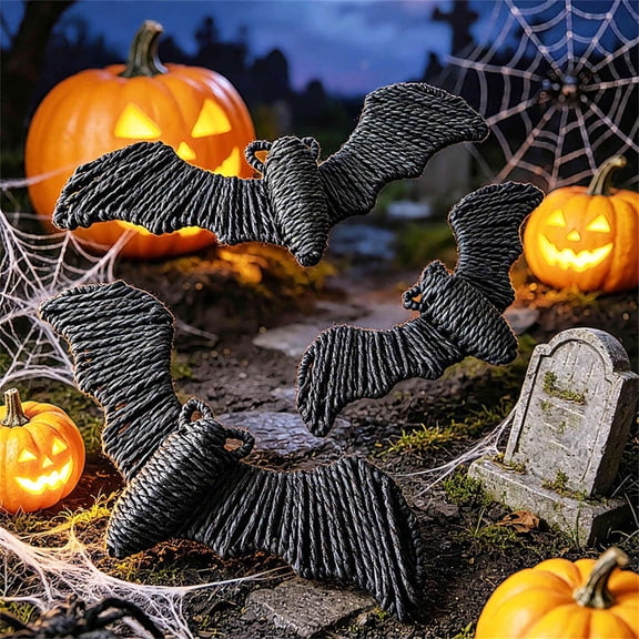 Clearance! Halloween Lighted Bat Hanging Decor, Black Woven Straw Bat Ornament with LED Lights, Spooky Halloween Door Porch Wall Party Decoration for Home Yard
