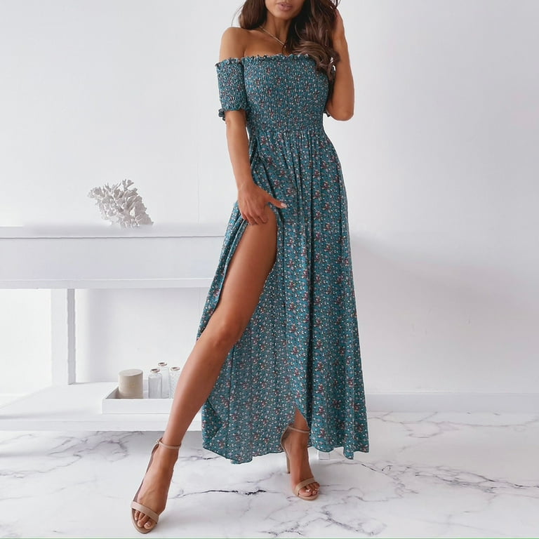 Women s Summer Casual Dress High Slit Off Shoulder Sleeveless Print Floral Midi Dress Size XL Green