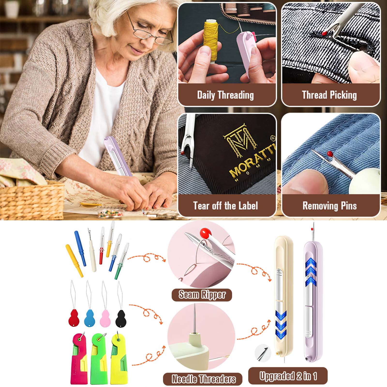 Needle Threader，2 in 1 Needle Threader Seam Ripper，3 in 1 Automatic Needle Threaders Seam Ripper，with Magnetic Storage Needle Box，Suitable for Hand Sewing Knitting Craft Sewing Supplies