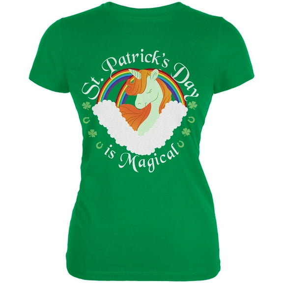 St. Patrick's Day Magical Unicorn Horseshoe Ginger Juniors Soft T Shirt Irish Green LG