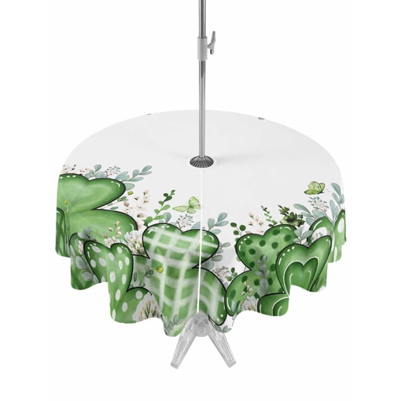 St. Patrick's Outdoor Tablecloth - 54 Inch Round Dining Table Cover, Lucky Shamrock Green Eucalyptus Floral Plants Waterproof Outdoor Table Cloth with Umbrella Hole & Zipper for Picnic/Patio/Party