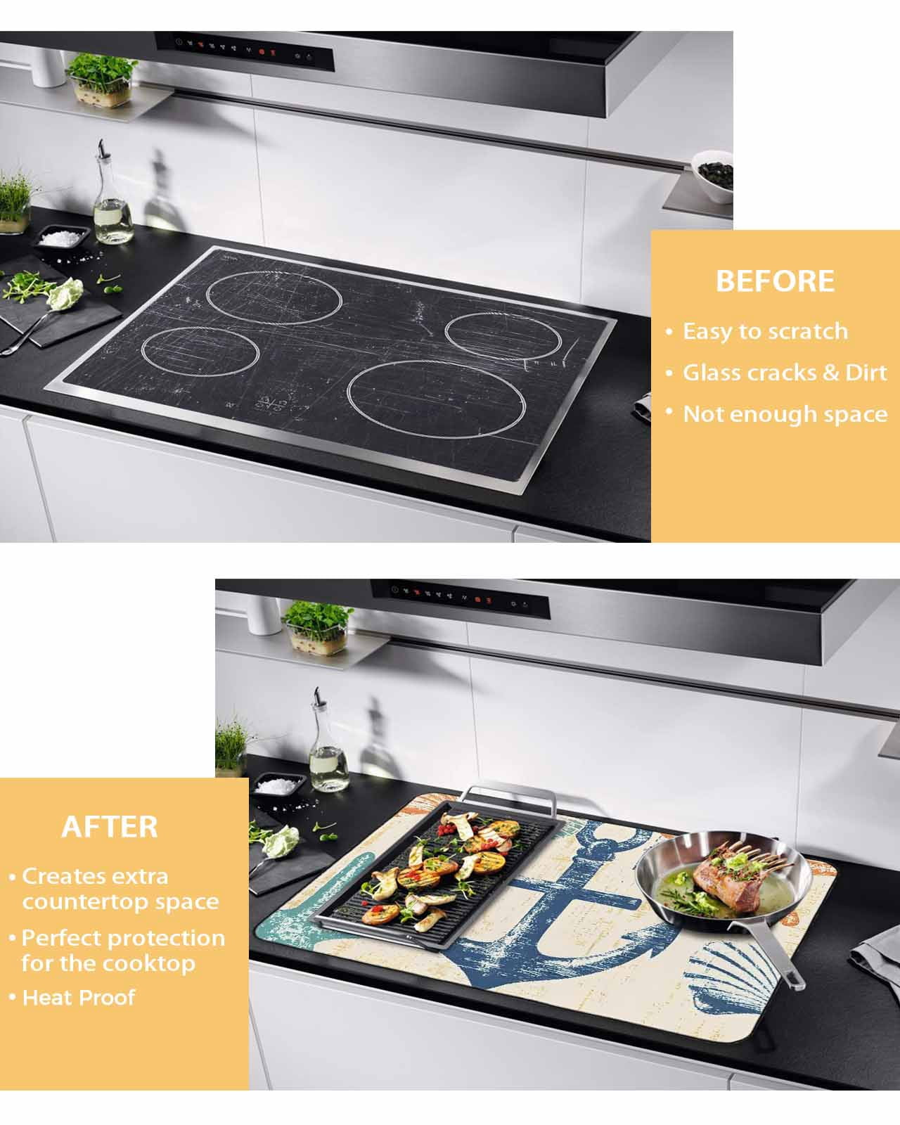 nqOlkjepod Large Induction Cooktop Protector Mat 24"x21", Nautical Anchor Stove Top Covers for Electric Stove, Summer Coastal Ocean Vintage Starfish Stove Burner Cover Mats, Glass Top Stove Cover