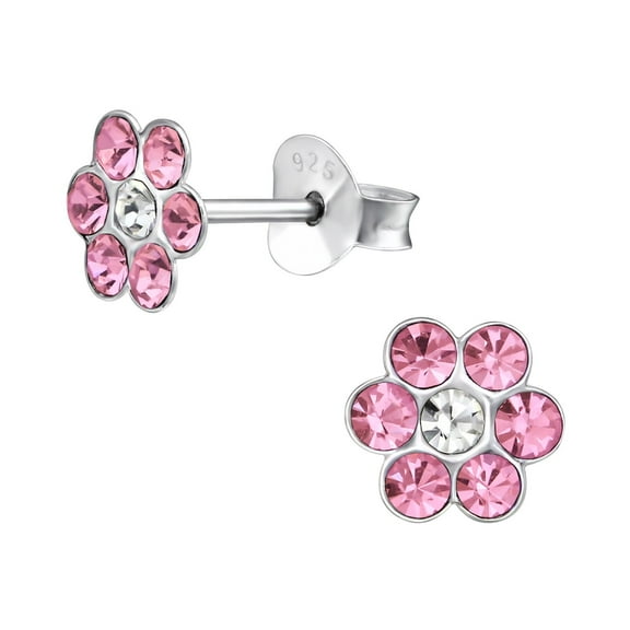 Pink Flower 925 Sterling Silver Stud Earrings with Crystals