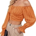 thumbnail image 2 of Womens Elegant Off The Shoulder Puff Sleeve Blouse Summer Chiffon Slim Fit Party Crop Top, 2 of 4