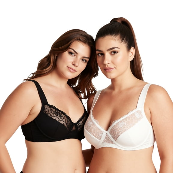 Curve Muse Women's Plus Size Minimizer Underwire Bra with Lace Embroidery-2 Pack-Butter Milk,Black-34C