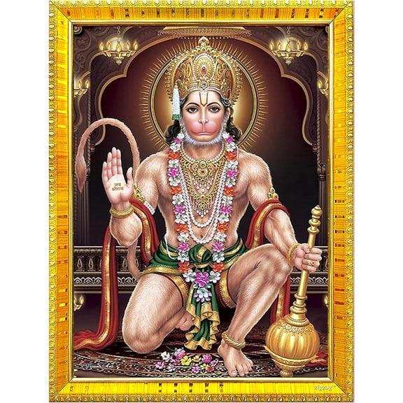 zig zag Lord Hanuman ji Bajrangbali Photo Frame For Wall / Table / Pooja Room ( 7x9 inches, Acrylic Glass) Golden