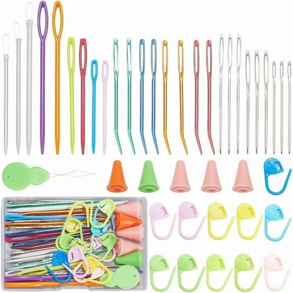 1 Box 43Pcs 6 Sizes Yarn Needles Set Crochet Needle Kit Plastic Bent Tapestry Weaving Darning Large Eye Knitting Needles with Stitch Markers Needles Caps