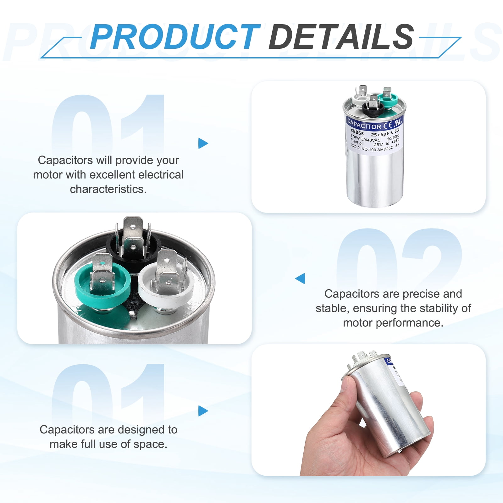 Uxcell 2Pcs 25+5 MFD CBB65 Run Start Capacitor 25+5 uF, 370/440V Round AC Capacitor for AC Motor Run, HVAC, Air Conditioner, Condenser Motors