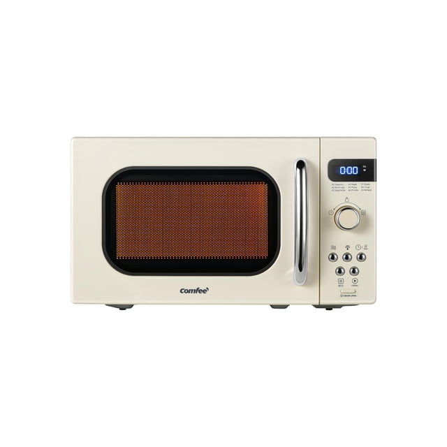 comfee' - horno de microondas pequeño retro con tamaño compacto, 9 menús preestablecidos, placa giratoria con memoria de posición, función de silencio, encimera perfecta para espacios, 0.7 pies: microondas retro color nata con puerta frontal y ventana ovalada de malla, manija cromada vertical en el lado derecho, pantalla digital LED azul, perilla de selección y botones redondeados en el panel; placa giratoria con memoria de posición y reloj/temporizador visibles; ideal para encimeras de departamento u oficina y a menudo usado para calentar tazas o snacks durante viajes.