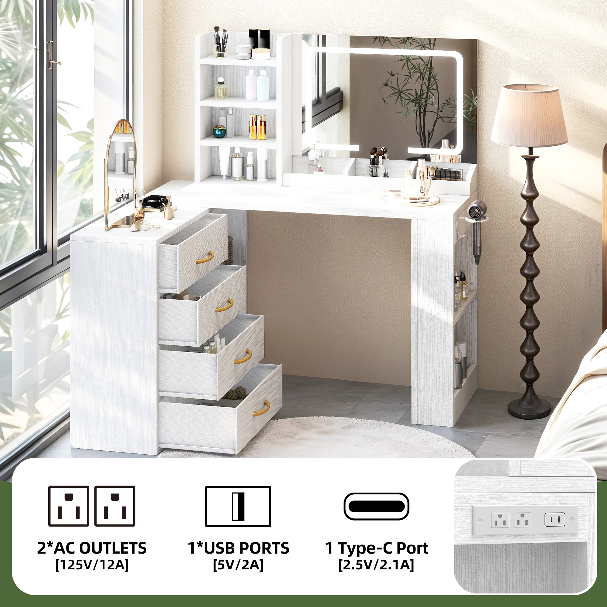 Uforic Makeup Vanity Desk with Mirror, 3 Lighting Modes, Charging Station, Storage Cabinet