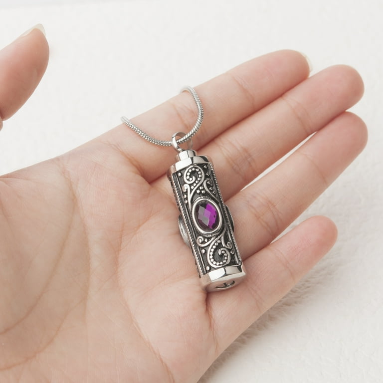 Anavia Ashes Chain Vintage Stainless Steel Cylinder Memorial Jewelry Keepsake Urn Necklace Purple Crystal Inlay Cremation Pendant Purple Gemstone