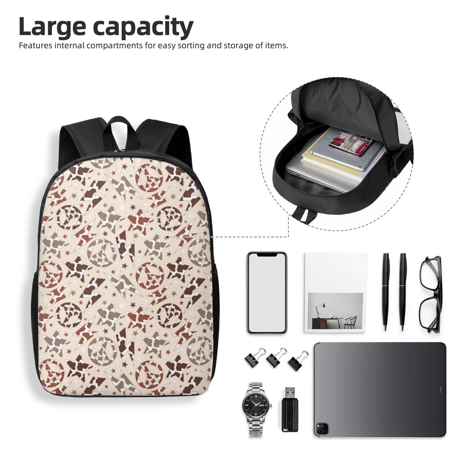 Xecao Cow Spots And Peace print Travel Backpack, Large Computer Backpack for Men Women, College School Rucksack Book Bag