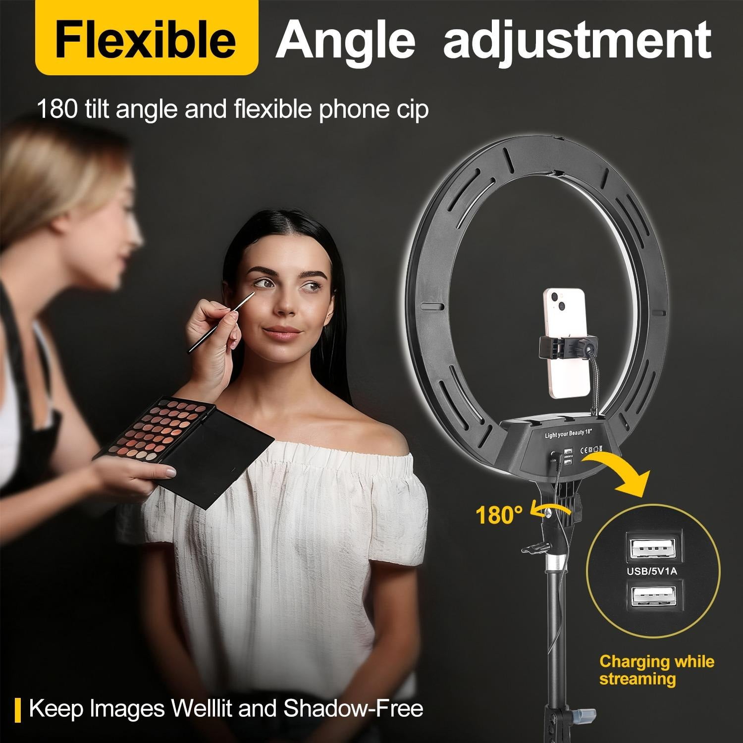 ZOMEI 18 inch Ring Light with Stand, Large Ring Light for iPhone, 3 Clips/USB Ports,2700-6500K with Tripod for Tattoo Lash Barber Makeup Photography Lighting