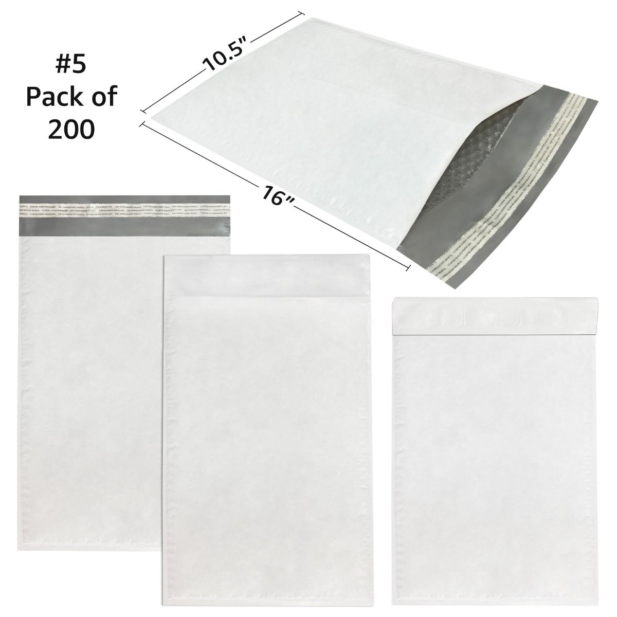 StarBoxes 200 Poly Bubble Mailer Bags 10.5x16" #5 Envelopes White Self-Seal