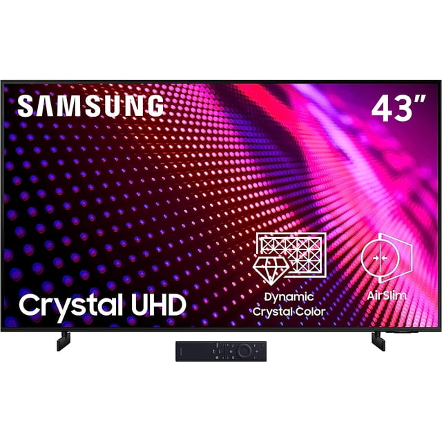 pantalla led samsung 43 pulgadas smart tv 4k ultra hd un-43au8000 pantalla LED 43" negra, vista frontal centrada con gráficos morados y rojos en la pantalla, marco AirSlim delgado, peanas y control remoto visibles debajo; incluye Crystal Processor 4K, Dynamic Crystal Color y resolución UHD 4K; frecuentemente usada para ver series y películas en casa.