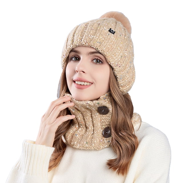 Adult Warm Hat Bib Two Piece Set Knitted Woolen Ear Protector for Outdoor Riding Winter Accessories