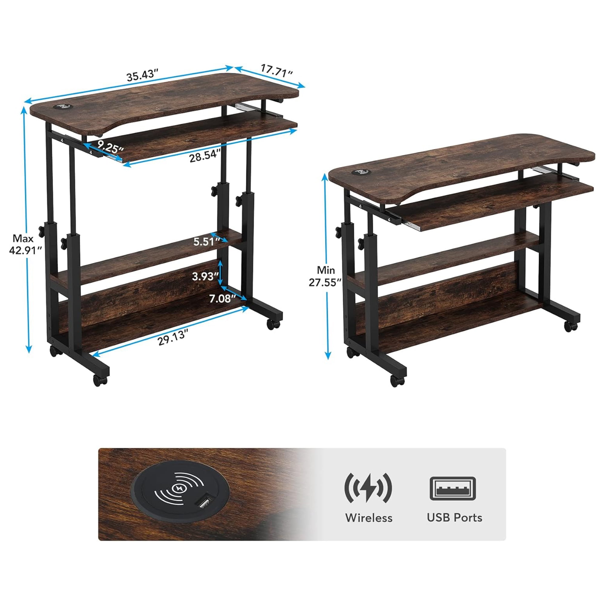 KIOOTTO Height Adjustable Mobile Desk with Power Outlet, Wireless Charging, Keyboard Tray and Locking Wheels, Walnut