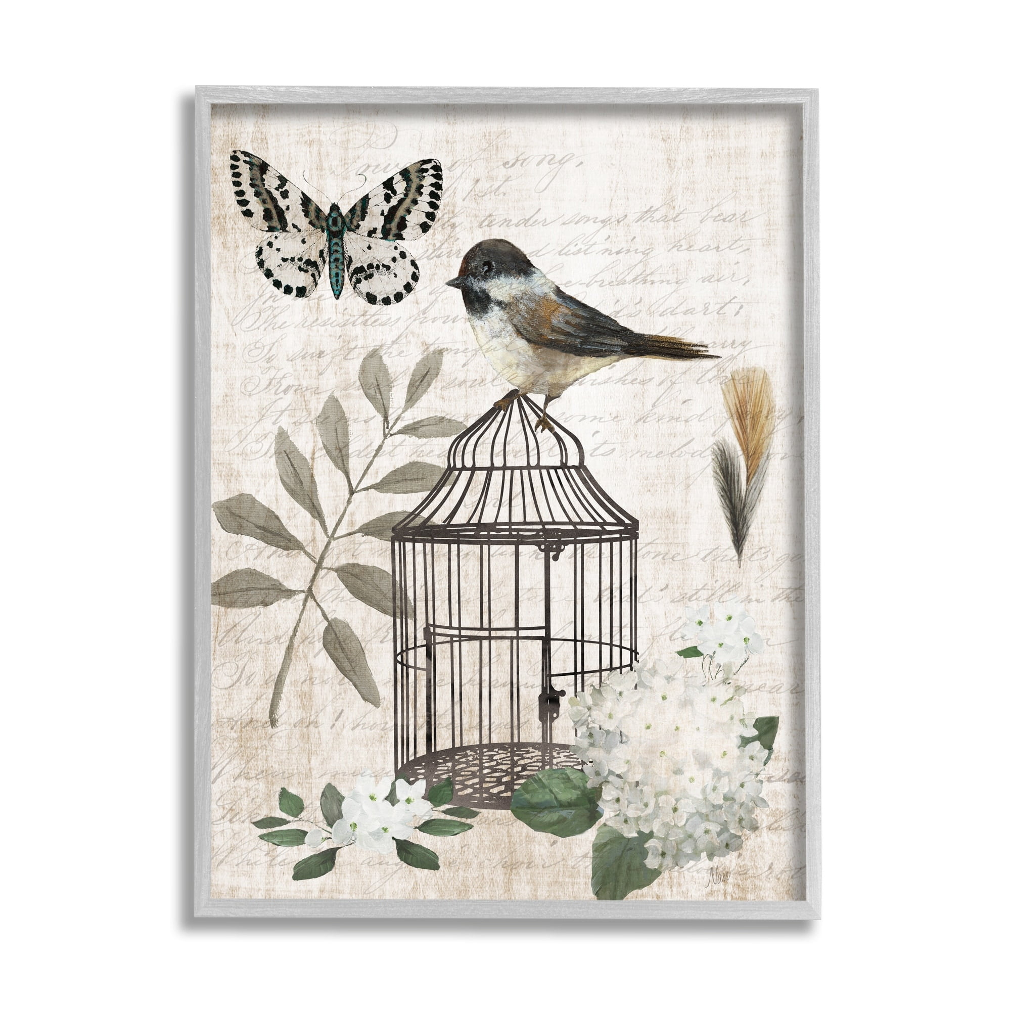 Stupell Industries Botanical Bird Cage Vintage Words Butterfly Motif Graphic Art Gray Framed Art Print Wall Art, Design by Nan