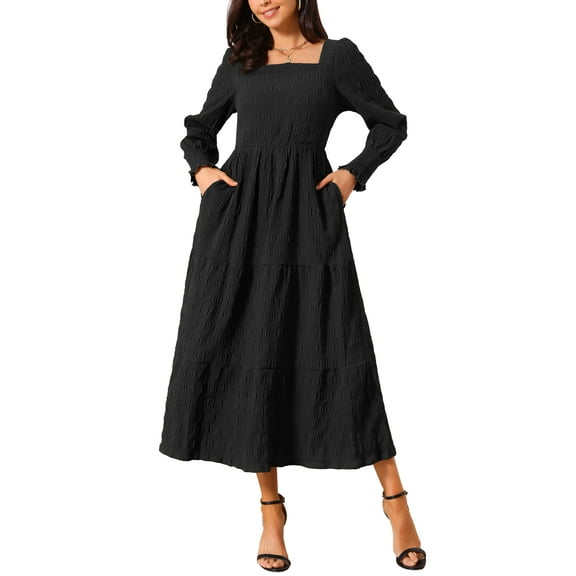 INSPIRE CHIC Women's Square Neck Smocked Waist Long Sleeve Flowy Midi Dress Soft Casual Elegant Tiered Dresses S Black
