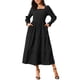 thumbnail image 1 of INSPIRE CHIC Vestido midi fluido de manga larga con escote cuadrado y cintura fruncida para mujer, elegante y casual, vestido de capas en negro, 1 of 6