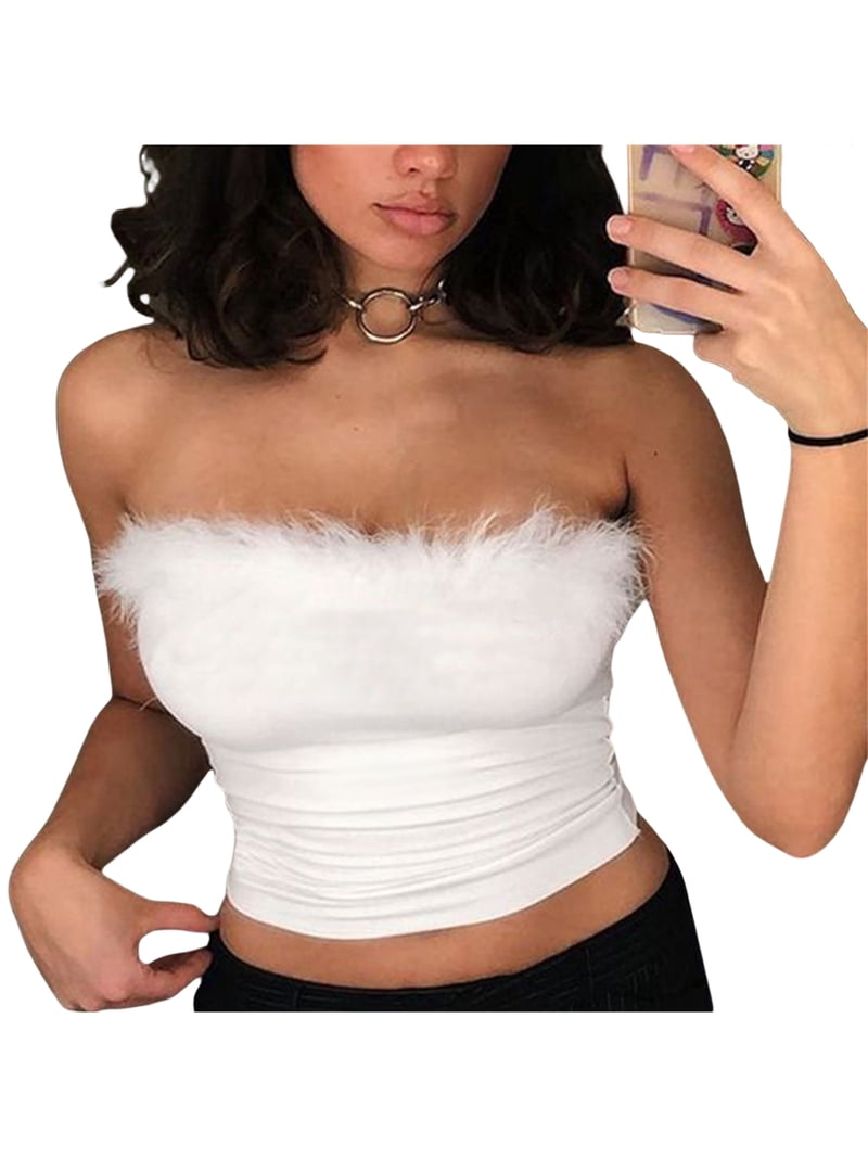 Qiylii Women Sexy Strapless Fluffy Faux Fur Tube Top Off Shoulder