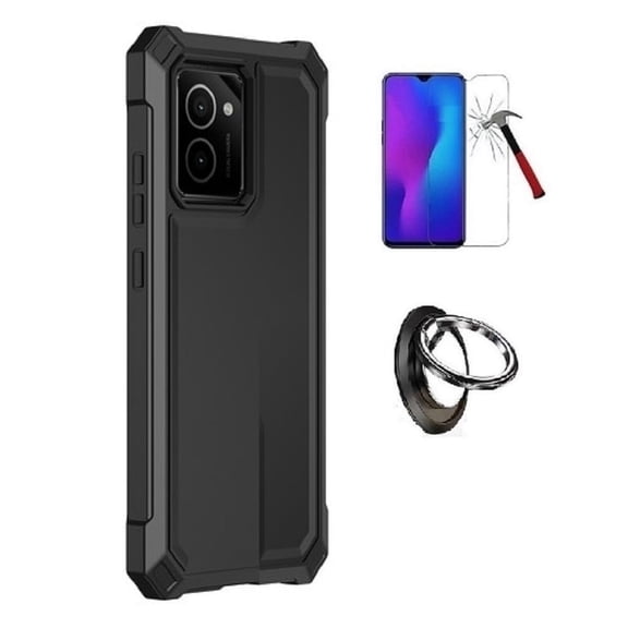 Phone Case for HMD Vibe (Straight Talk/ TracFone), Full Body TPU Cover Case Ring/ Tempered Glass (Black)
