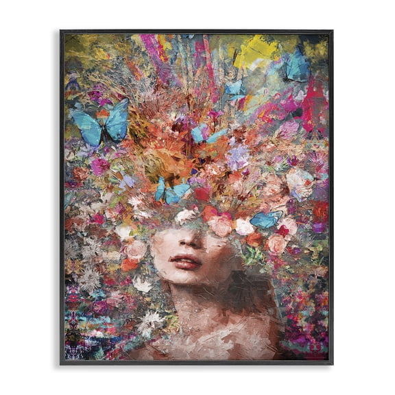 Stupell Industries Abstract Painterly Floral Face Animals Painting Black Framed Art Print Wall Art, 11 x 14