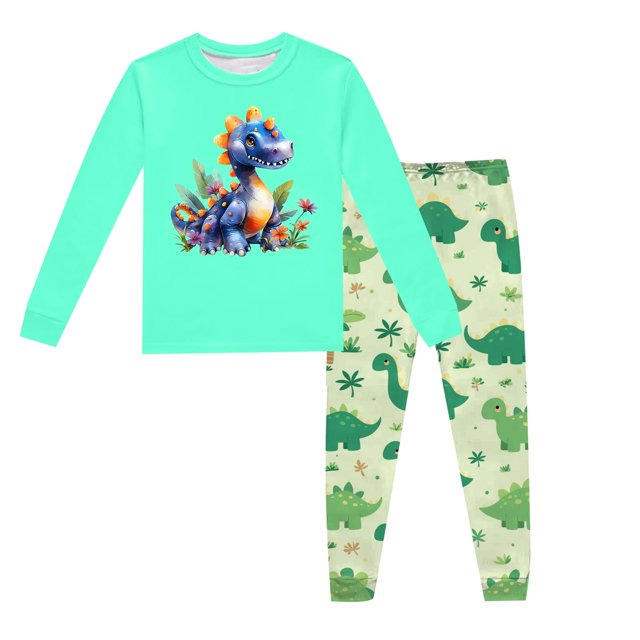 Pyjama Bebe Garcon Pyjama pour Enfants Imprimé Dinosaure Col Rond Manches Longues Haut Pantalon Ensemble de Pyjama 2 Pcs Printemps Automne Pyjama pour Tout-Petits Vert Menthe 4 Ans-5 Ans