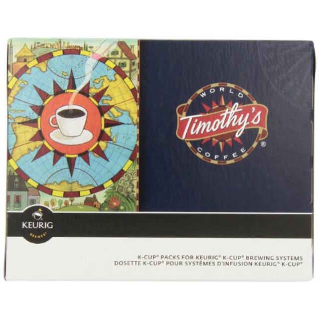 Timothy's World Coffee French Vanilla K-Cup Portion Pack for Keurig Brewers, 96-count box. The packaging features a vibrant design with a coffee cup illustration on a compass-like background and the Timothy's logo prominently displayed. Suitable for Keurig brewing systems.
