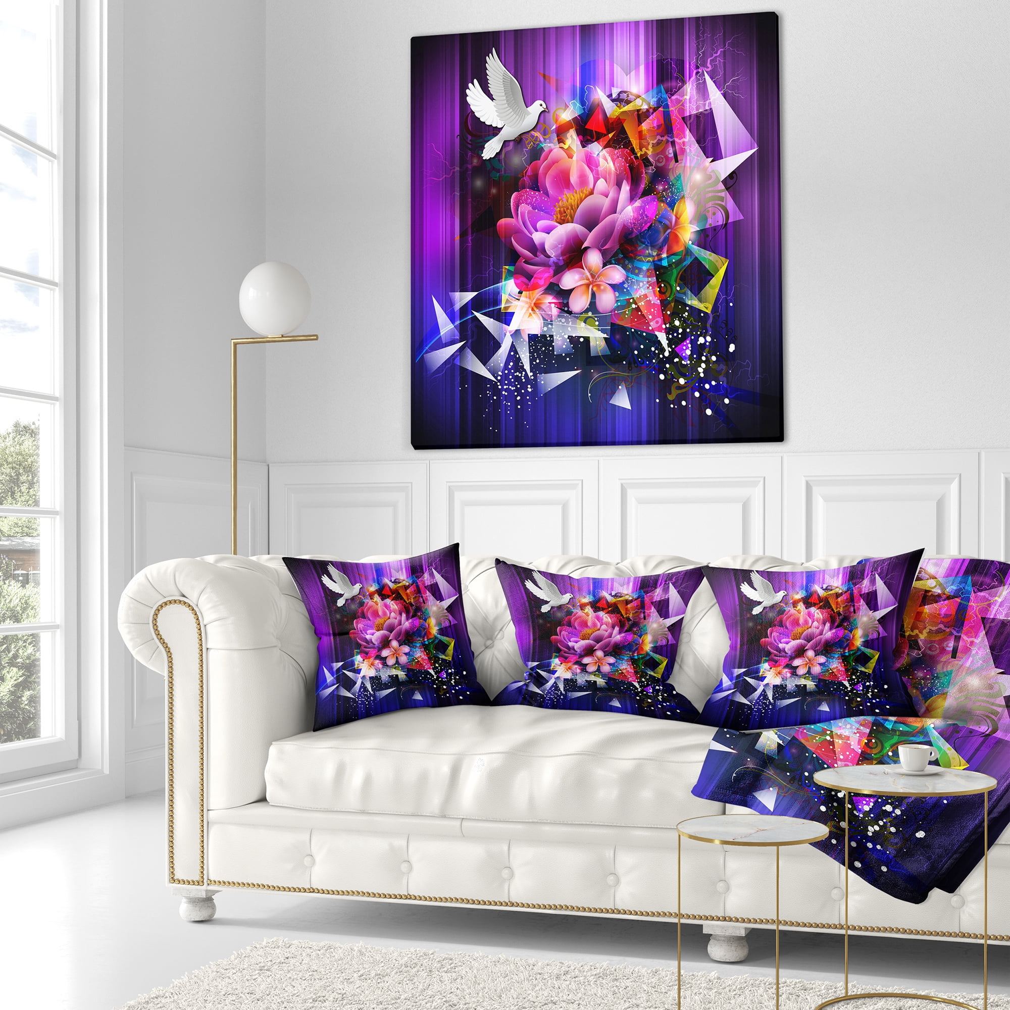 Designart Abstract Floral Design with Dove - Floral Throw Pillow - 16x16