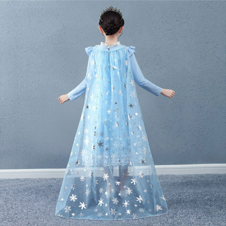 Little Girl Princess Dress with Detachable Cape Snow Party Queen Halloween  Elsa Costume Blue with Accessories