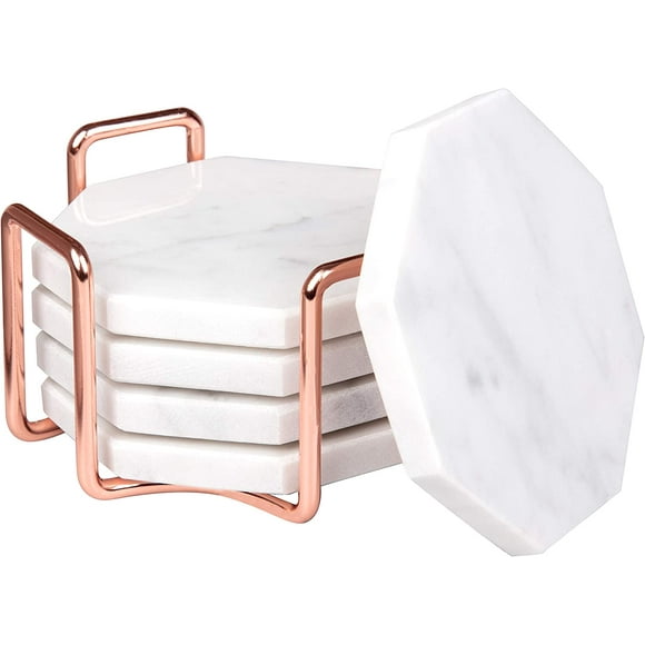 D’Eco White Carrara Coasters w/ Rose Gold Holder for Drinks- Set of 5 - Tabletop Protection for Any Table Type- Fits Any Size Wine Glass, Cup, Mug- Great Holiday & Housewarming Gift - Good House Decor