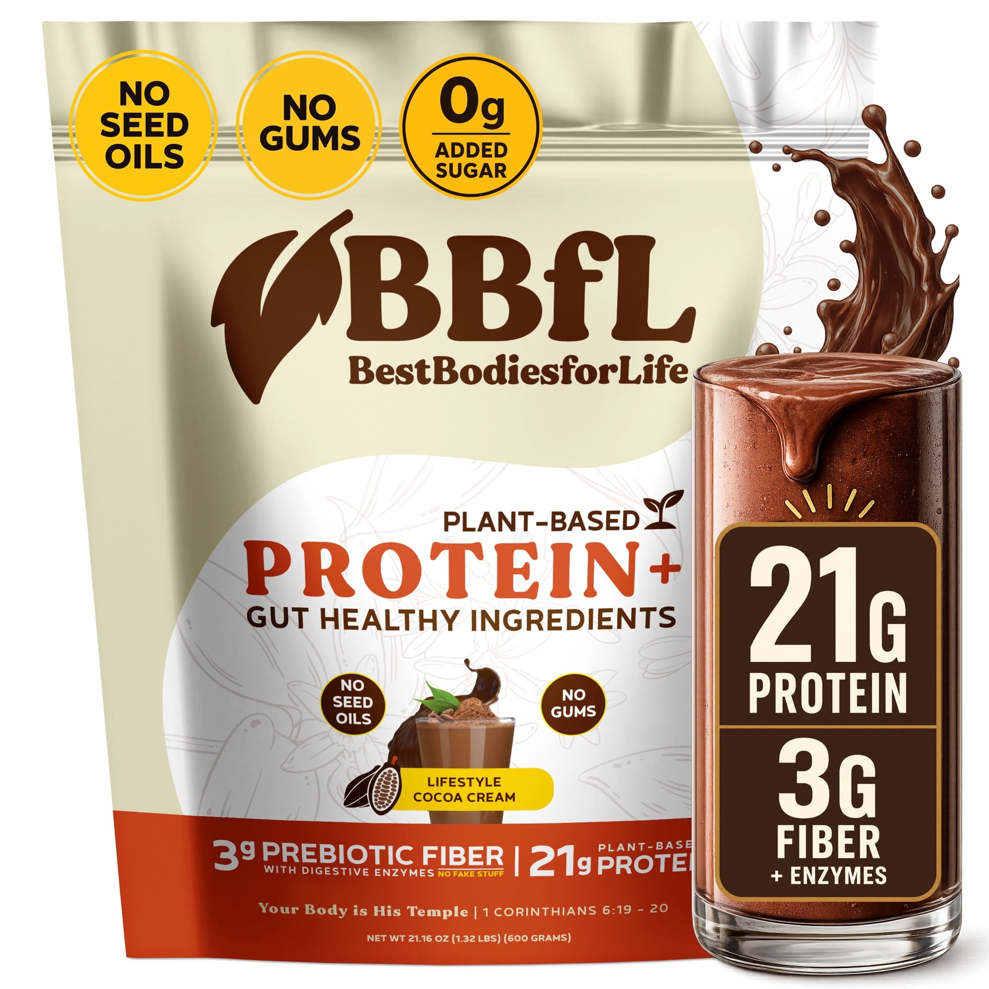 BBFL Plant-Based Protein Shake – 21g Vegan Protein, Cocoa + Apple Cider Vinegar, Prebiotics, Digestive Enzymes, Supports Gut Health – All-in-One Shake for Women & Men (15 Servings, Cocoa Cream)