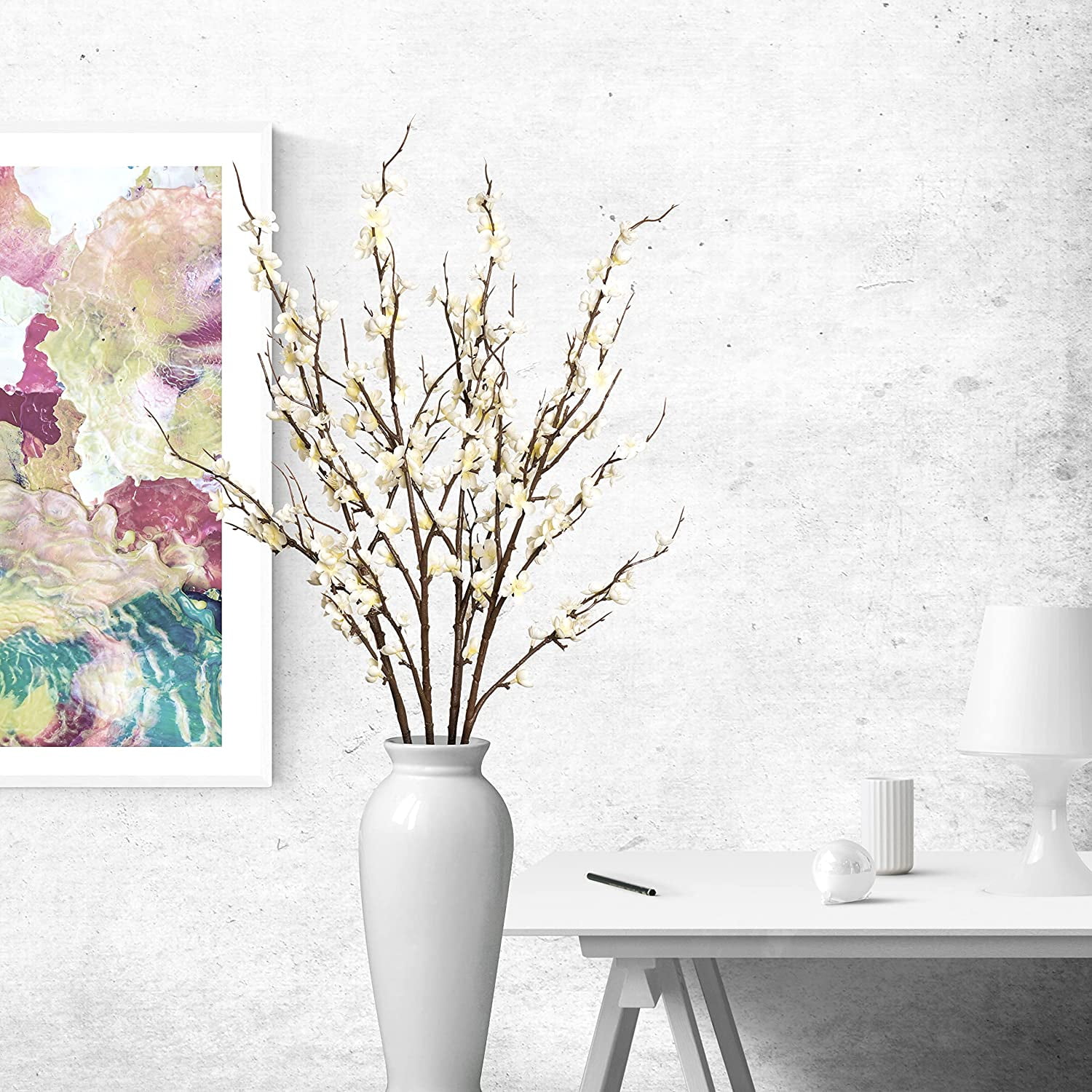 Artificial Plum Blossom Fake Silk Cherry Blossom Branches Flowers,Faux Long Stems Wintersweets Arrangement for Wedding Home Office Bedroom Spring Party Decor(White)