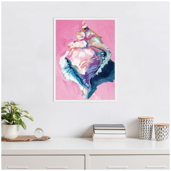 Kate and Laurel Conch Shell Framed Canvas Wall Art by Rachel Christopoulos 18 x 24 Sylvie White, Coastal, Abstract, Beach Art for Wall Decor, Living Room, Bedroom