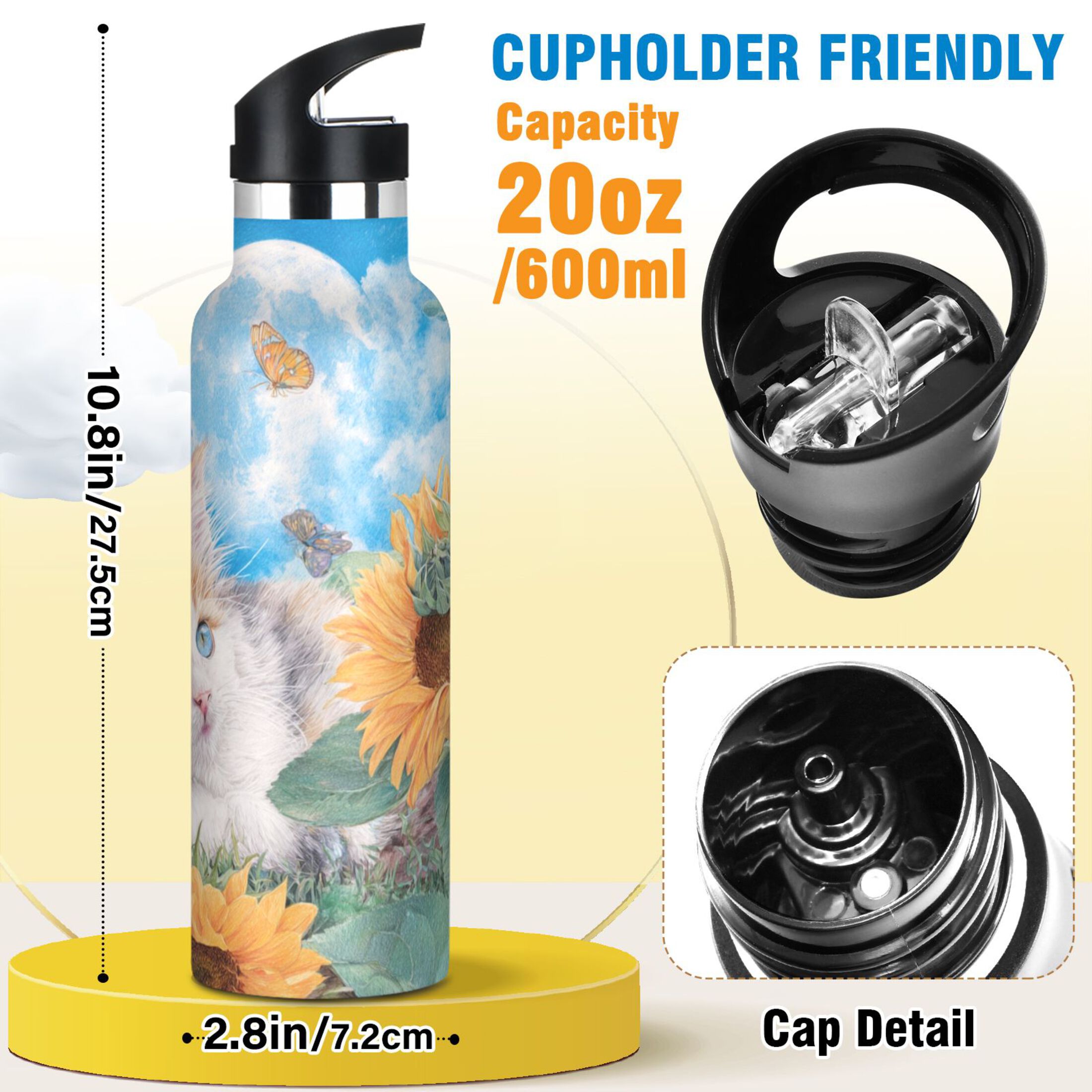 Kids Insulated Stainless Steel Sports Water Bottle 600ml (20oz) Playful Cat Lying Sunflowers