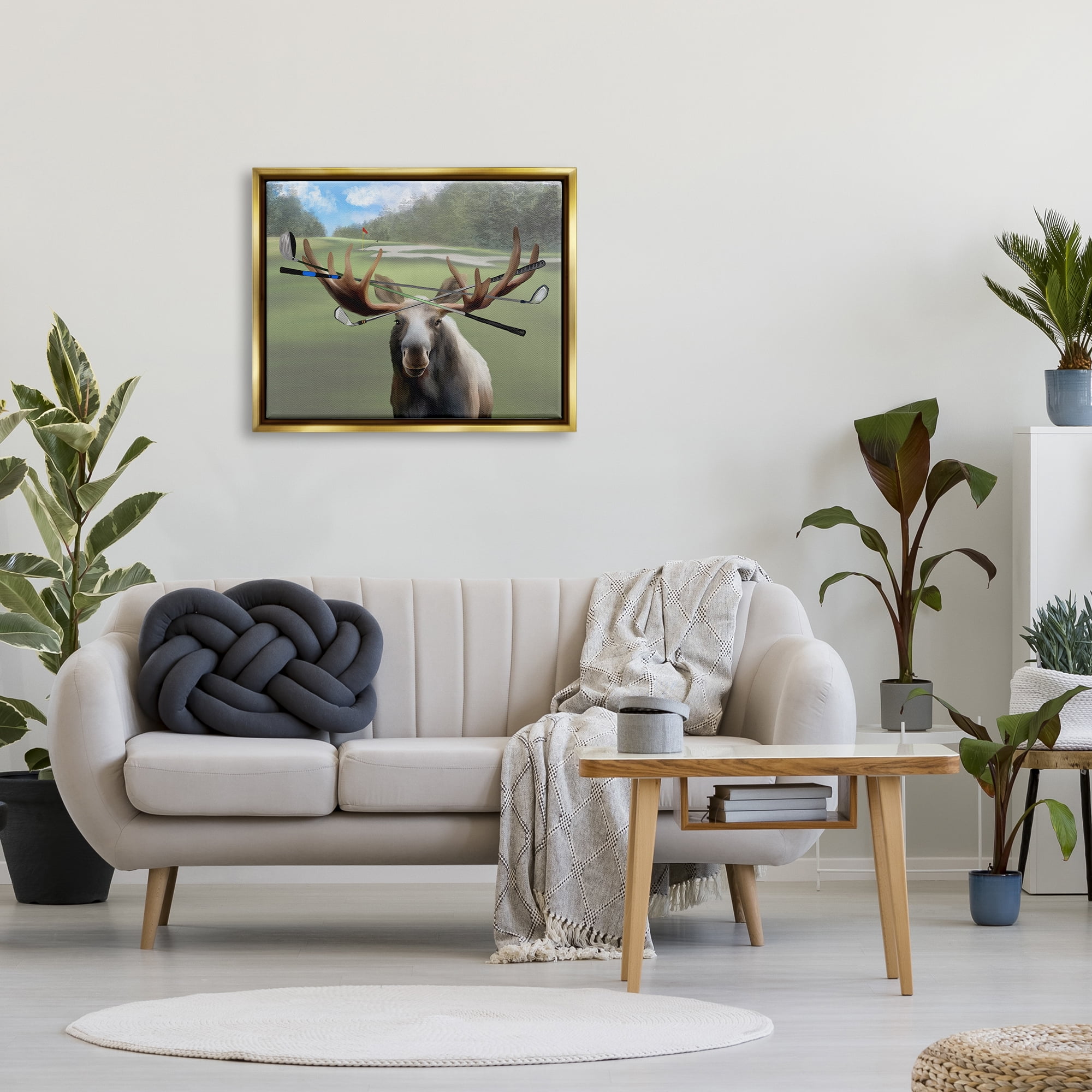 Stupell Funny Golf Clubs Moose Antlers Animals & Insects Painting Gold Floater Framed Art Print Wall Art