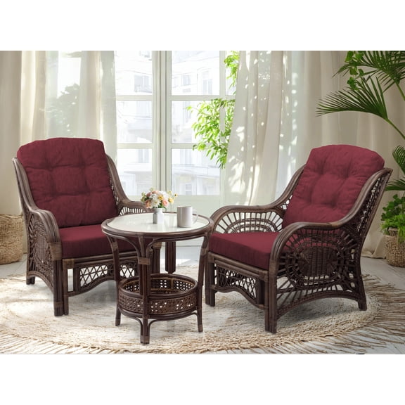 SK New Interiors Malibu Set of 2  ECO Natural Rattan Wicker Chairs w/Dark Brown Cushions and Round Coffee Table, Dark Brown