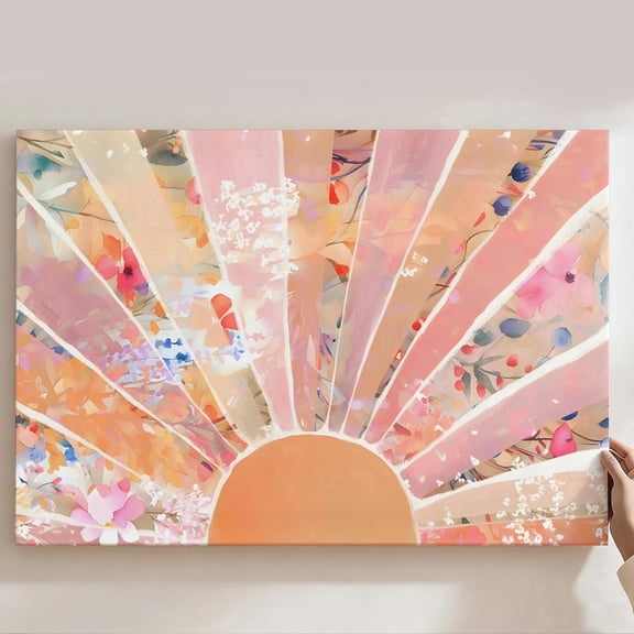 Boho Watercolor Sun Floral Framed Canvas Prints Wall Art, Pastel Pink Orange Sunburst Wall Decor, Botanical Floral Home Decor For Living Room Bedroom Bathroom, Bohemian Gift 8*12inch(20*30cm)