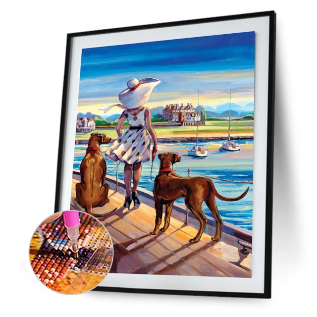 Cuadros Decorativos 5D DIY chica perro completo redondo taladro diamante pintura Kit imagen mosaico artesanía Likrtyny embutido en tela