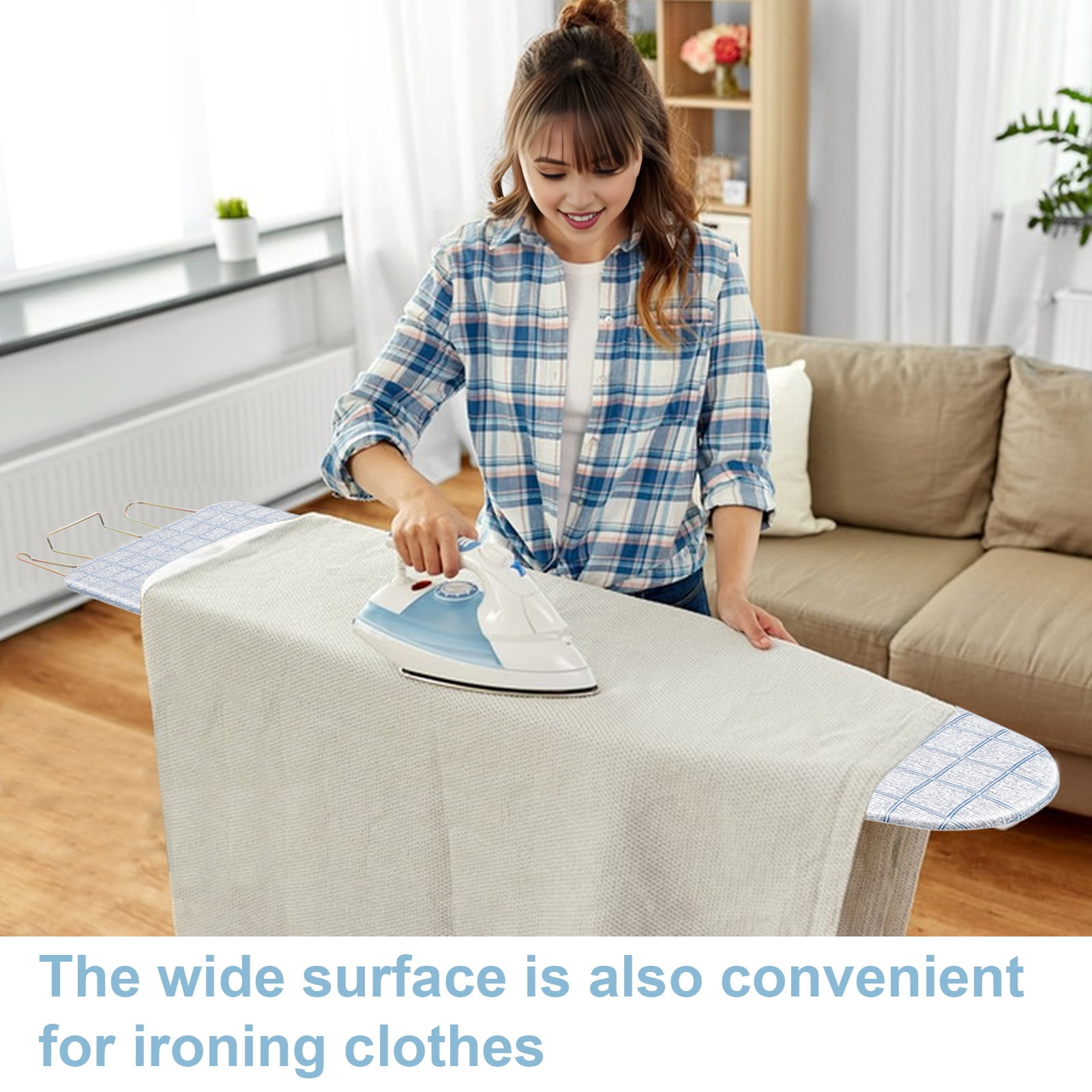 Lorelo Ironing Board, Full-Size Foldable Ironing Board, Foldable Household Ironing Board, Extended Ironing Board Outside with Heat-Resistant Cover (42 inch, Blue Plaid Pattern)