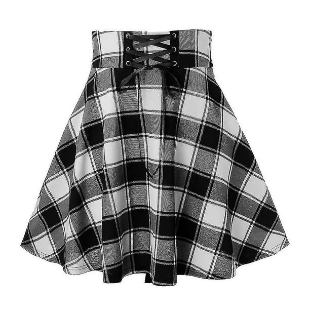 Falda corta a cuadros para mujer, estilo punk, plisada, vestido vintage con cordón